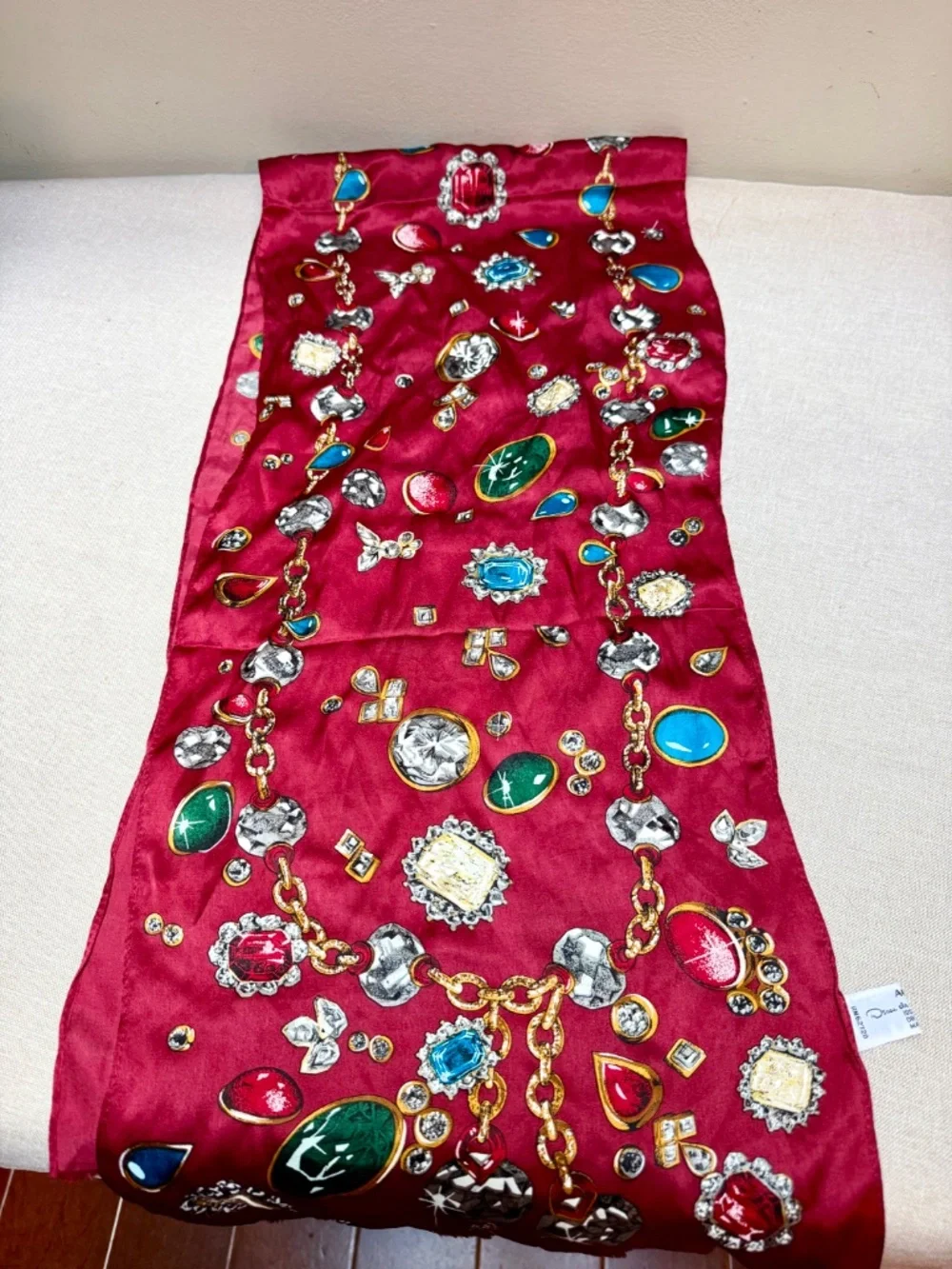 Vintage Oscar de la Renta Pure Silk Scarf Gems and Jewels